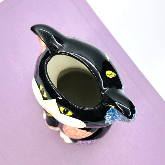 Vintage 90s Bella Casa GANZ Black Cat Head Vase: Whimsical Floral - Pink Bow - Picture 6 of 12